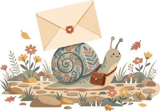 Whimsical snail mail carrier with an oversized envelope in a miniature woodland garden, flat vector illustration