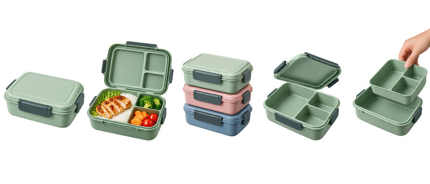 Set of green bento lunch boxes with compartments on transparent