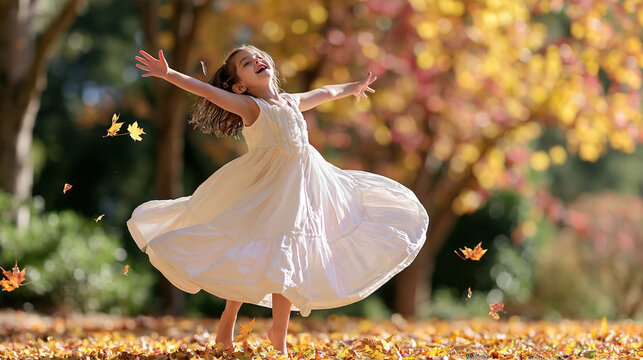 Joyful girl in a white dress dancing among colorful autumn leaves.