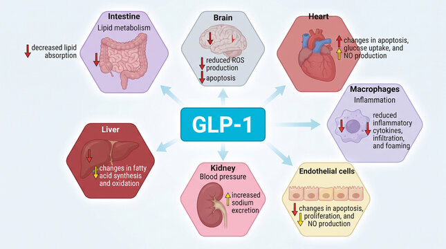 Diagram showing GLP-1 effects on intestine, brain, heart, macrophages, kidney, liver, and endothelial cells, representative of biological pathways and research.