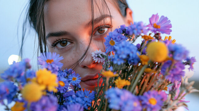 Young woman with brown eyes holding a bouquet of colorful wildflowers outdoors.