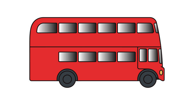 A red double decker bus illustration features a flat design with dark gray windows and black wheels double decker