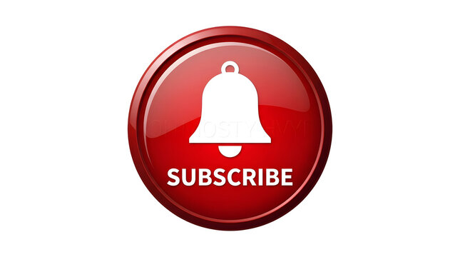 Glossy three-dimensional red round button featuring a white notification bell icon in the upper center and the capitalized white text subscribe printed below it, isolated against a plain background
