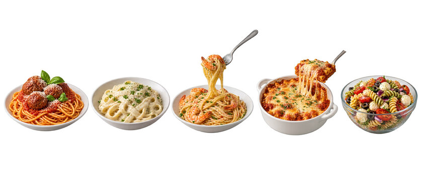 Set of italian pasta dishes in white bowls on transparent