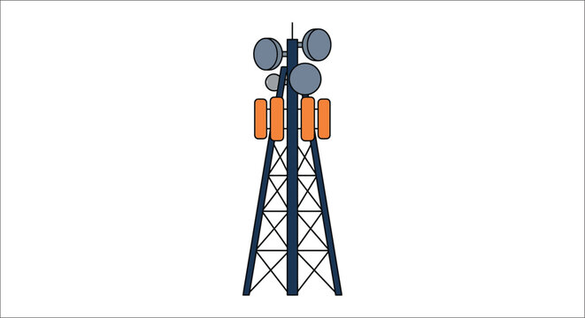 Cell tower illustration depicts a lattice structure with multiple antenna dishes against a white background antennas cellular communication