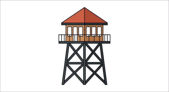 A simplified watchtower illustration features a red gable roof and a white background architecture building defense exterior fortification