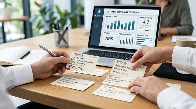 Customer feedback analysis on laptop showing positive sentiment and NPS score