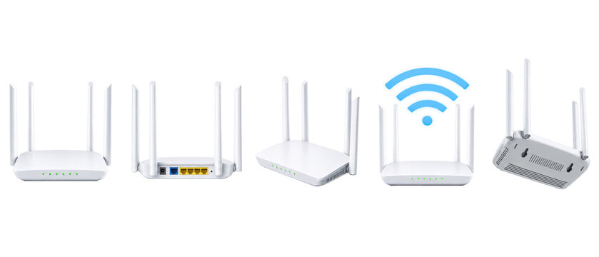 Set of white wifi router with antennas on transparent