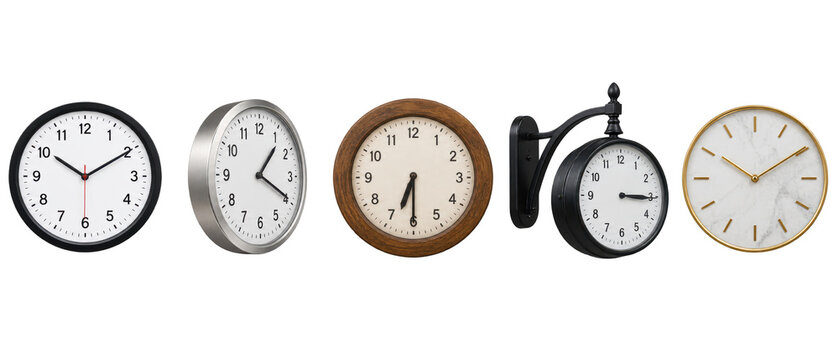 Set of wall clocks in different styles on transparent
