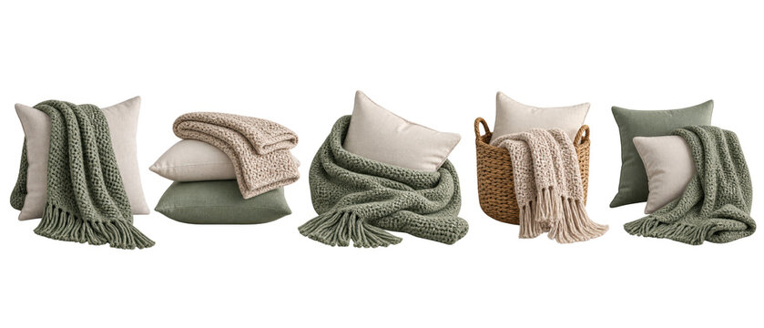 Set of knit throw blankets and cushions on transparent