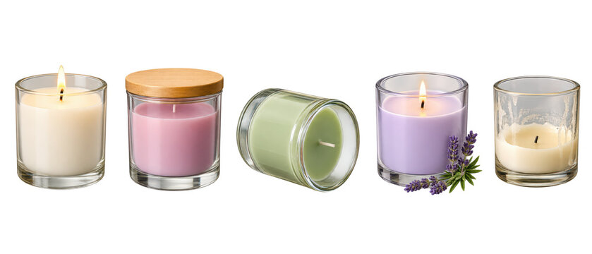 Set of scented candles in glass jars on transparent