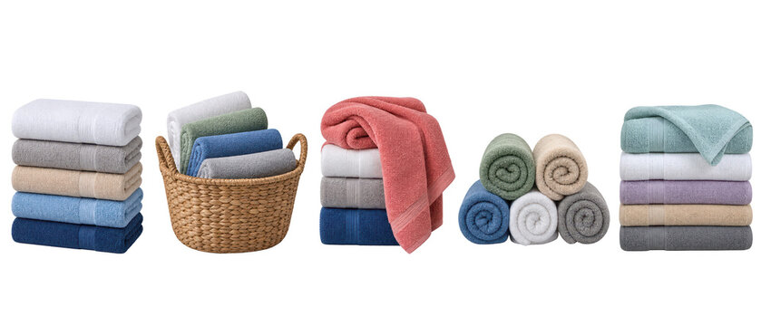 Set of folded and rolled bath towels on transparent