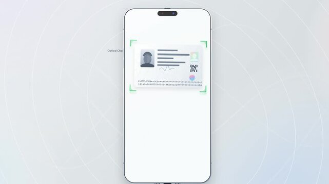 3D animation of a smartphone performing optical character recognition on an identity card extracting user data and verifying information with digital scanning technology