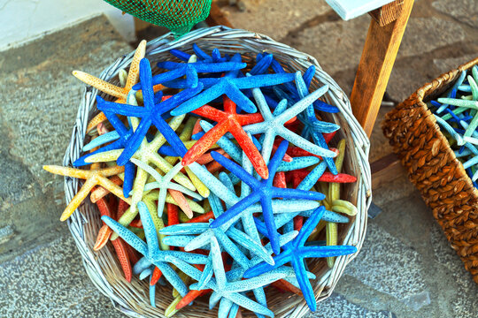 Sale of sea souvenirs on the island of Symi, Greece.