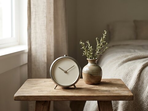 Vintage clock and a vase with branches on a wooden table in a serene bedroom interior lifestyle furniture peaceful relaxing lighting textural branches