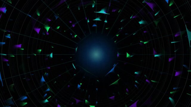 Abstract glowing particles and nebulous forms in deep space with central blue light pulse