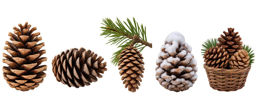 Set of pine cones with branch snow and basket on transparent