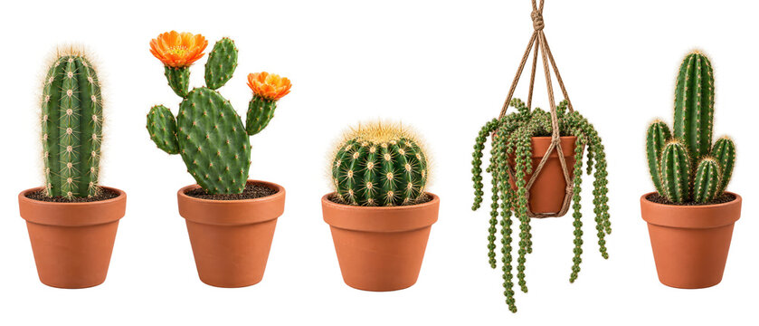 Set of cactus plants in terracotta pots on transparent