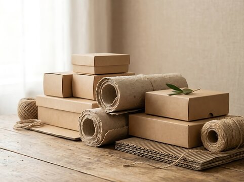Natural craft cardboard delivery boxes and rustic jute twine rolls organized on a wooden surface with cardboard delivery shipping packaging recycled organizer