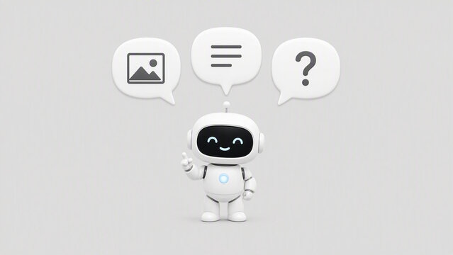 Cute chatbot robot with three speech bubbles above its head