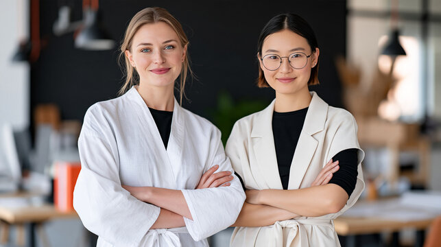 Two women smiling confidently, showcasing professionalism in a modern workspace.
