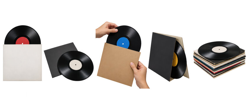 Set of vinyl records with sleeves and stack on transparent