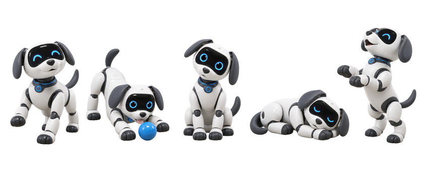Set of white robot dog toy in playful poses on transparent