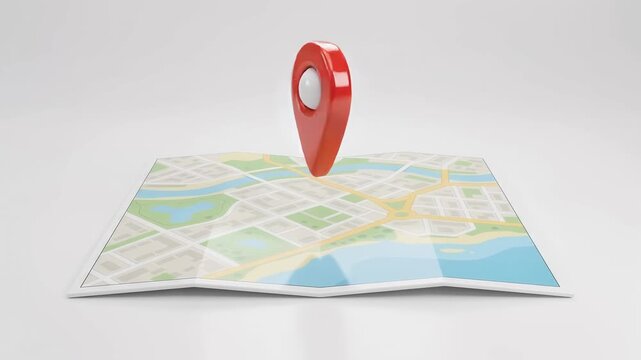 3D animated paper map unfolding with red location pin marker for navigation and travel concepts