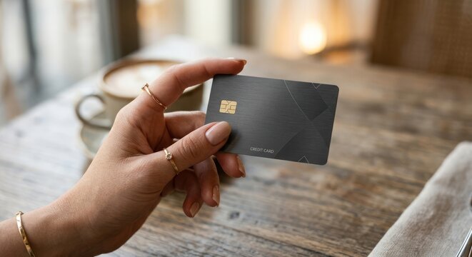 Hand holding a black credit card over a wooden table with a coffee cup.
