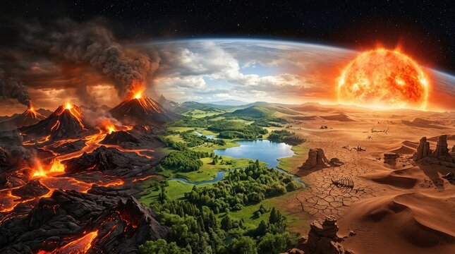 Exoplanet landscape demonstrating geological transition, molten volcanic hellscape with flowing lava, lush green temperate biome containing freshwater lake.