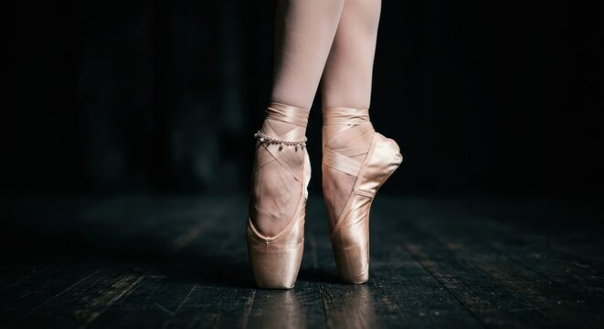 Ballet dancers feet in pointe shoes on stage.