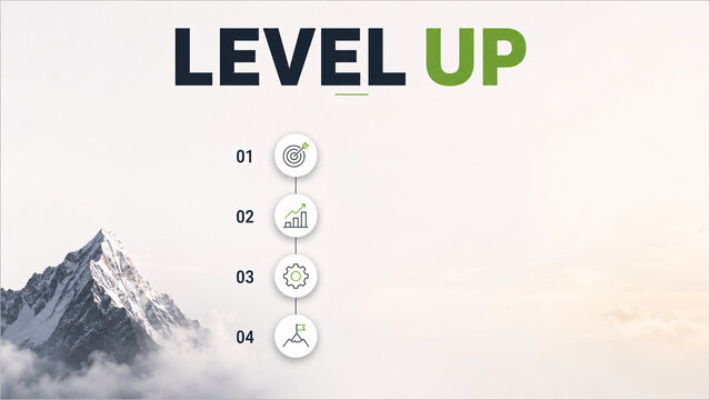 Business presentation infographic template with mountain peak and icons featuring "LEVEL UP" text