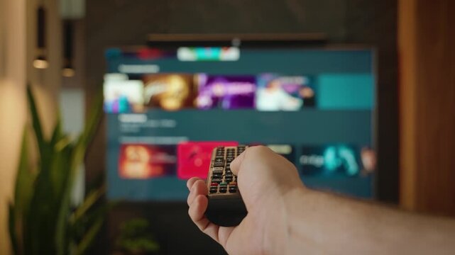 Close-up hand holding using remote control held points toward screen to browse streaming platforms on smart TV. home leisure time, digital media online content, choosing watching movies film program