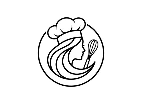 Minimalist black and white logo design of female chef holding whisk in circular frame.