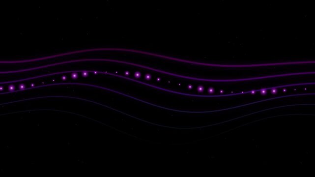 Abstract purple wavy lines with small glowing dots moving across black background