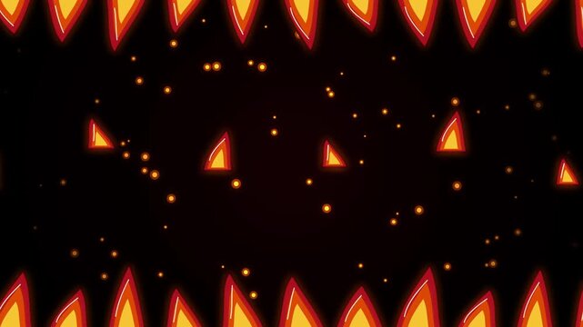 Cartoon monster teeth opening with glowing fire flames and sparks background video