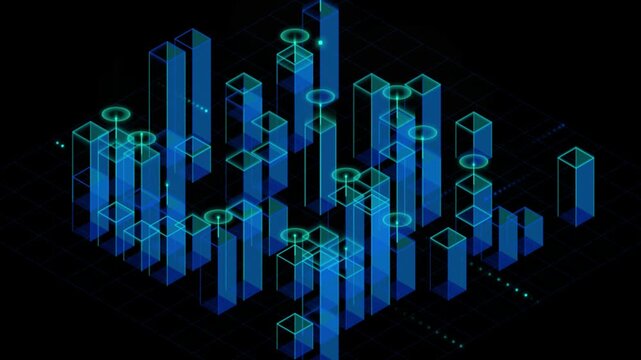 Isometric data visualization chart with glowing blue bars and grid lines video