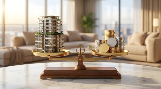Real estate investment scale balancing building model with golden coins on marble table.