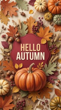 Hello autumn greeting card with pumpkins and fall leaves