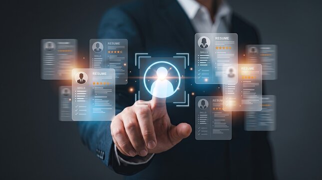 Recruiter selecting digital resume profile on virtual interface