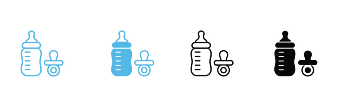 Baby feeding bottle icon set, pacifier soother, newborn care, pediatric healthcare, blue outline, blue solid, black outline, black solid, vector
