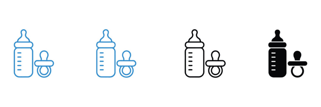 Baby feeding bottle icon set, pacifier soother, newborn care, pediatric healthcare, blue outline, blue solid, black outline, black solid, vector