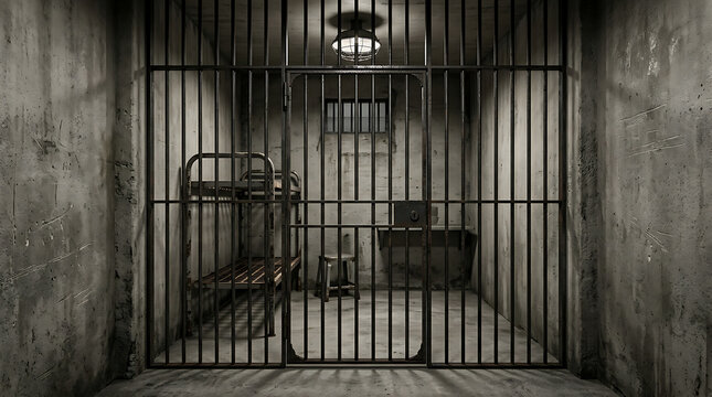 Dark Prison Cell With Iron Bars.