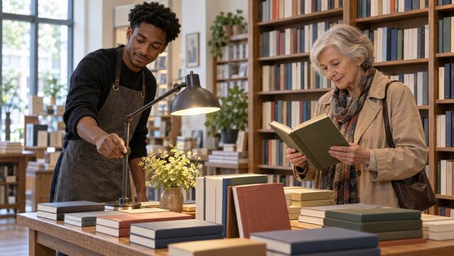 A woman browses a clothbound book while an employee adjusts the table lamp in a bright bookshop during attentive sensory friendly shopping service