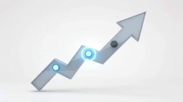 3D business growth arrow chart with sequential glowing milestones for financial success and corporate progress presentation
