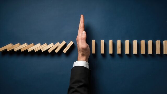 Businessman stops falling dominoes with his hand, preventing a chain reaction. Risk management concept.