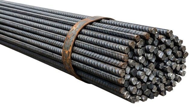 A tightly bound bundle of dark gray ribbed steel reinforcement bars, featuring textured surfaces and cut ends, positioned diagonally across the frame and isolated on a clean transparent background
