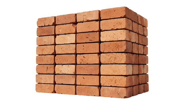 Tightly stacked three dimensional cube like formation of rectangular red clay bricks positioned centrally in the frame viewed from a three quarter perspective showing front and right sides isolated