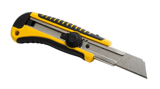 A heavy duty utility knife featuring a bright yellow and black ergonomic plastic handle, a round black screw locking dial
