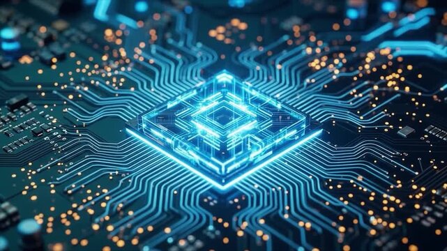 Glowing central CPU unit on computer motherboard. Modern blue circuit board with light particles. Futuristic high tech hardware background.